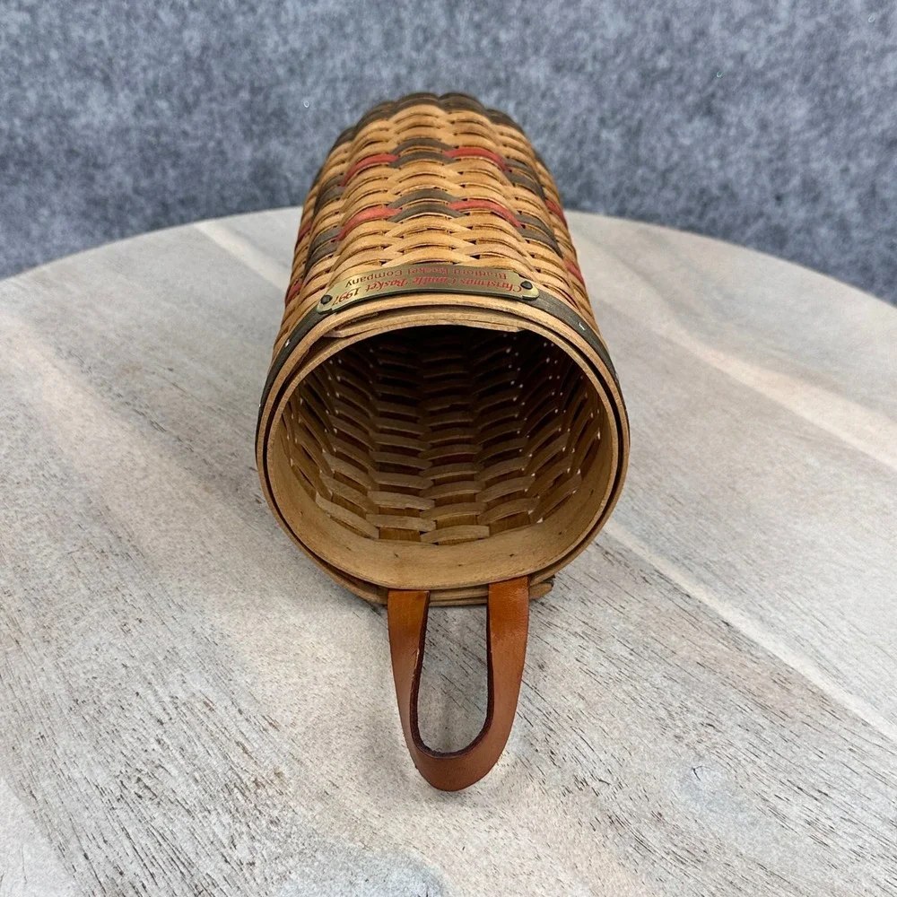 Bradford Basket Company 1997 Christmas Candle Basket Woven Wood Leather Handle